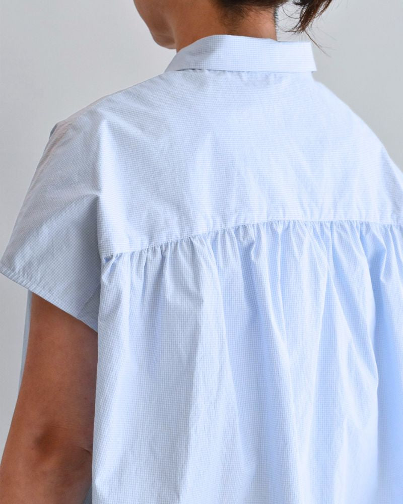 TENDER-W バックギャザーフレンチスリーブブラウス SaxCheck