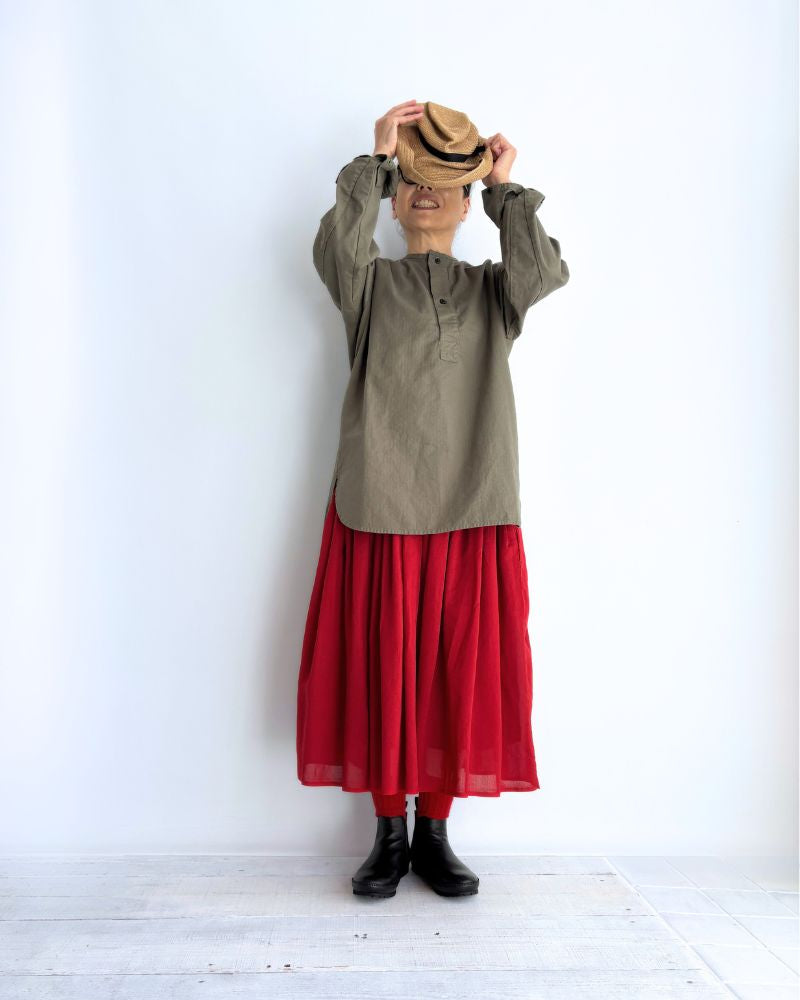 COTTON HERRINGBONE WASH HENRY NECK SHIRT KhakiHerringbone