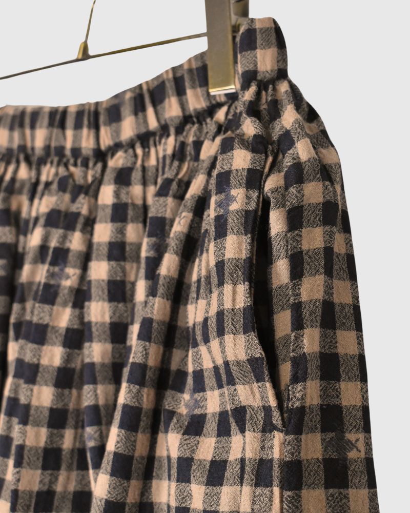 WOOL GINGHAM CHECK WITH JACQUARD RAJASTHAN TUCK GATHERED SKIRT WITH LINING Camel
