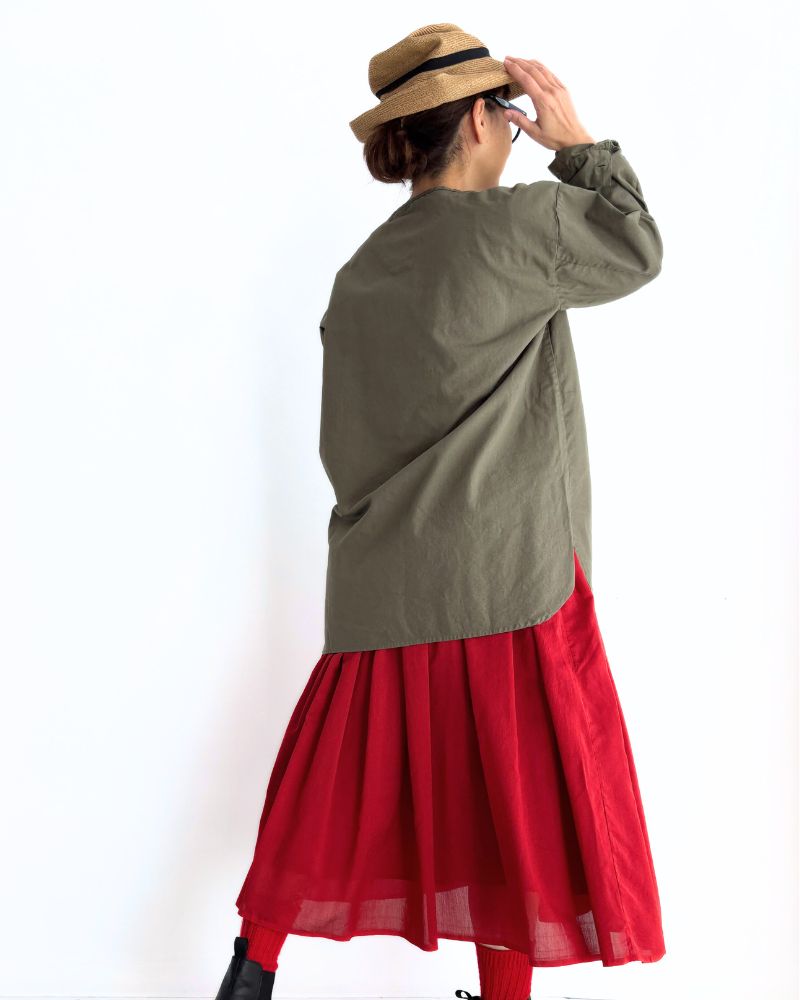 COTTON HERRINGBONE WASH HENRY NECK SHIRT KhakiHerringbone