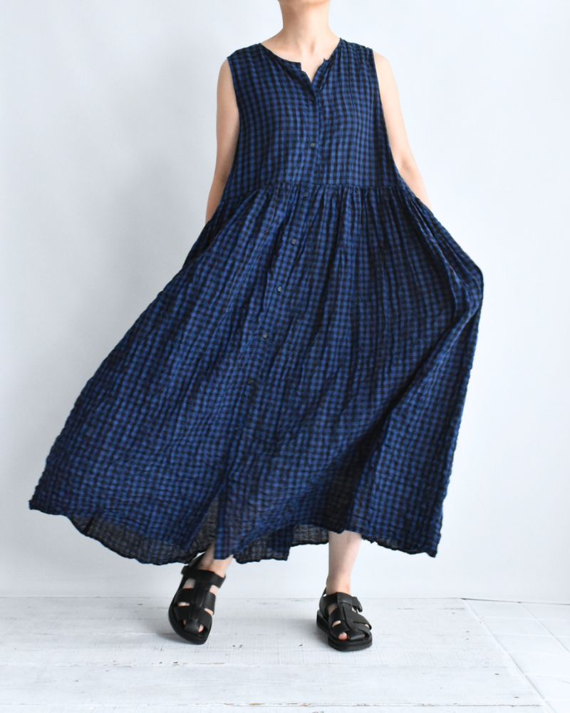 ブロックチェック スリーブレスギャザーワンピース Navy