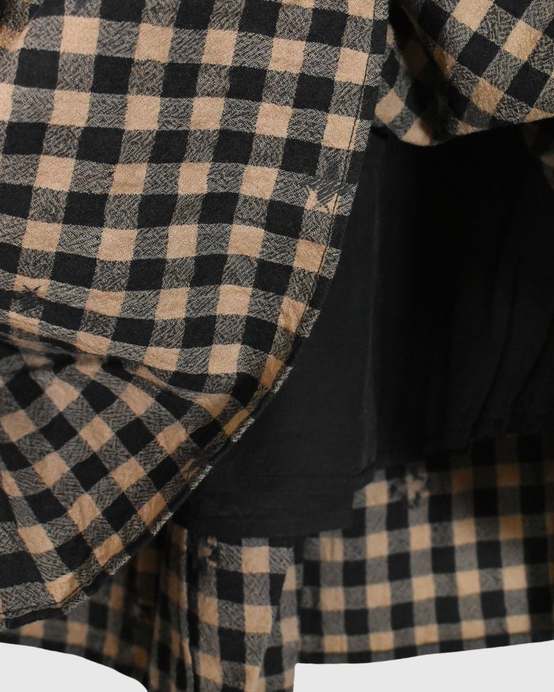 WOOL GINGHAM CHECK WITH JACQUARD RAJASTHAN TUCK GATHERED SKIRT WITH LINING Camel