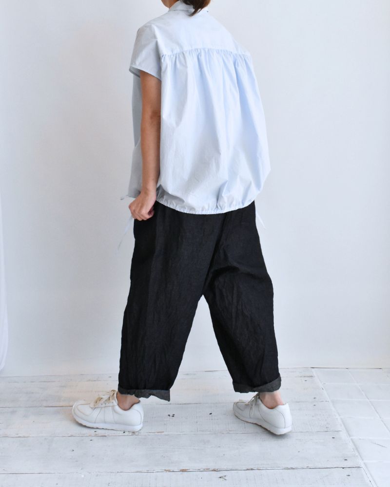 TENDER-W バックギャザーフレンチスリーブブラウス SaxCheck