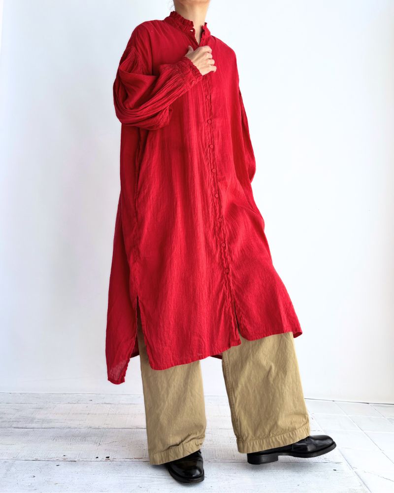 FRILL COLLAR MAXI SHIRT DRESS WITH MINI PINTUCK Red