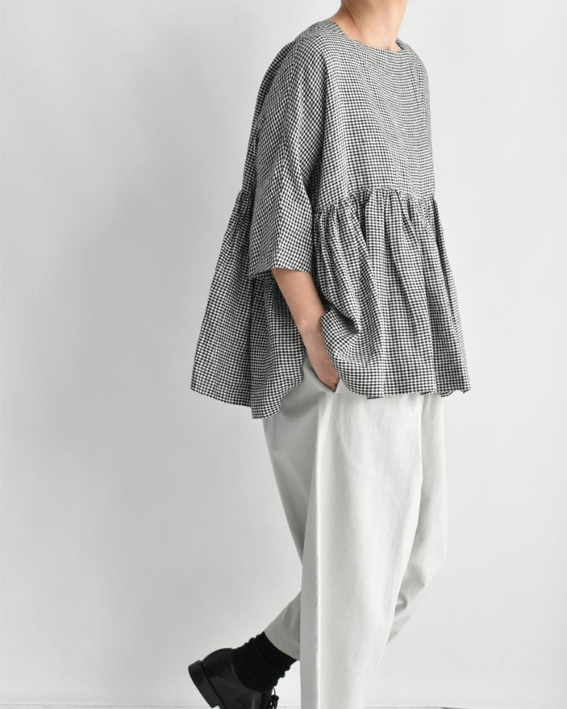 ドルマンギャザーブラウス（LINEN） Black/White