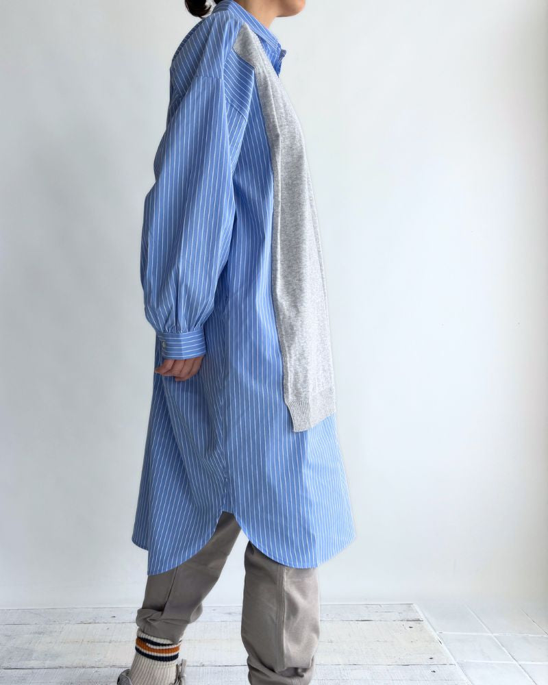 ニットベスト重ね着風ストライプシャツワンピース 'APOLU' Saxe