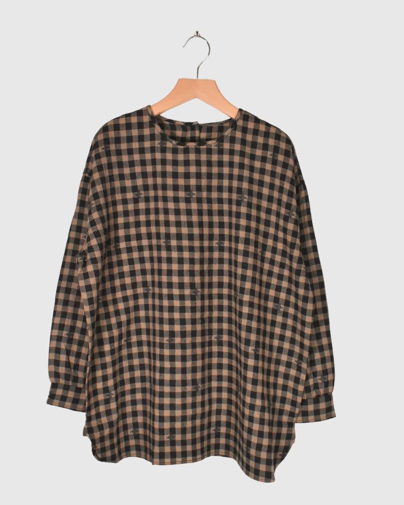 WOOL GINGHAM CHECK WITH JACQUARD BACK OPENING CREW NECK SHIRT Camel