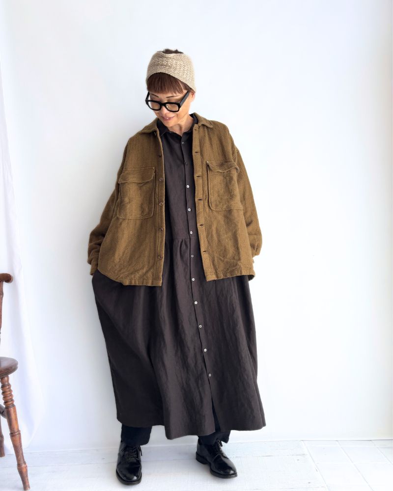 手織りコットンヘリンボーン ジャケット KhakiBrown