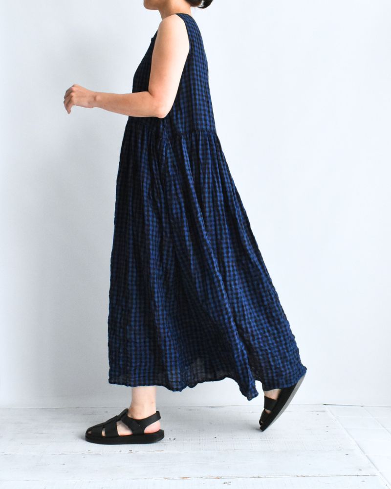 ブロックチェック スリーブレスギャザーワンピース Navy