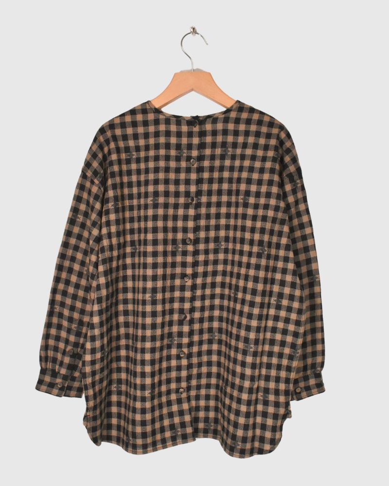 WOOL GINGHAM CHECK WITH JACQUARD BACK OPENING CREW NECK SHIRT Camel