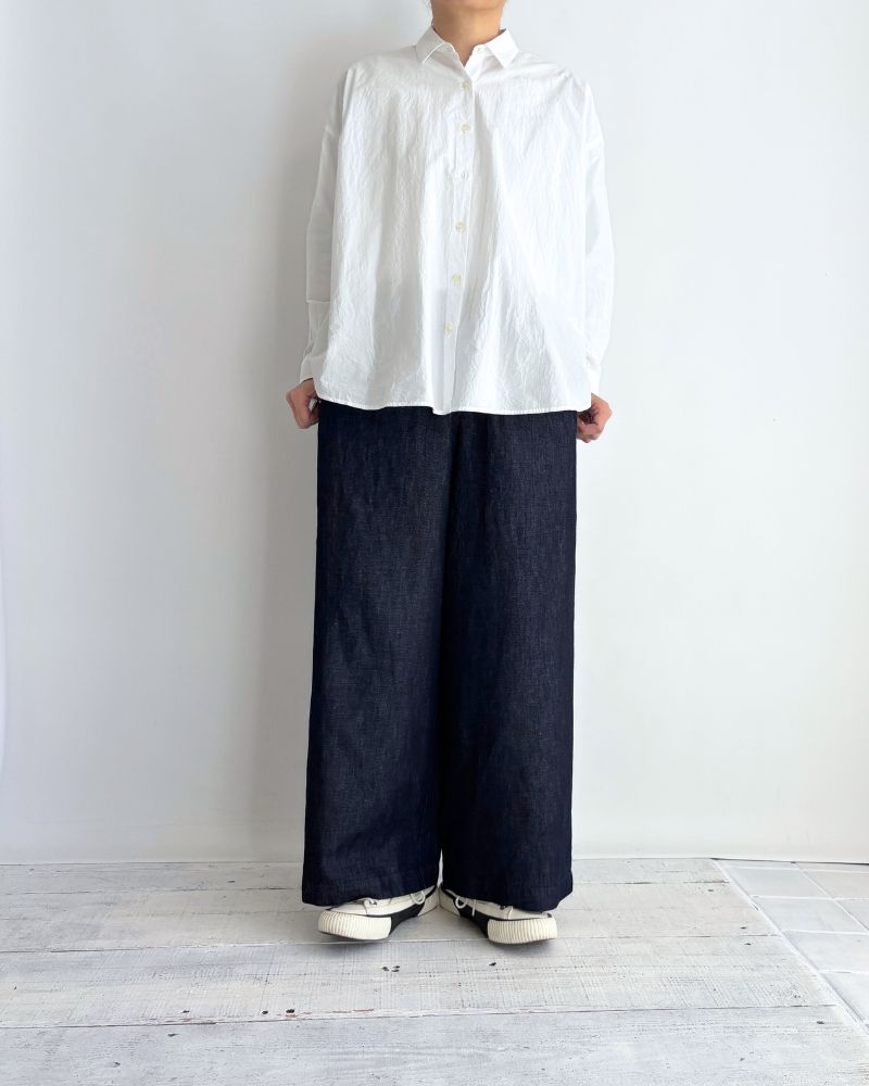COTTON/LINEN DENIM EASY WIDE PANTS Navy