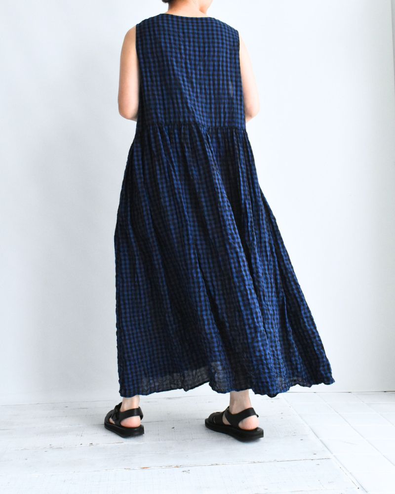 ブロックチェック スリーブレスギャザーワンピース Navy