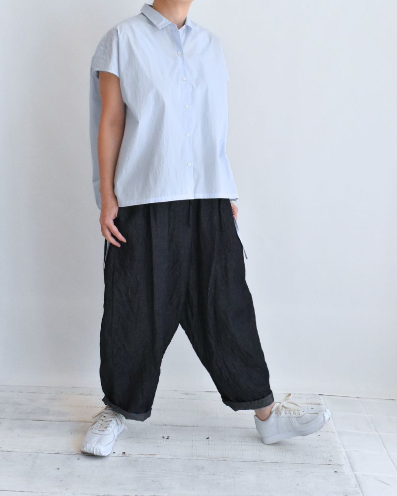 TENDER-W バックギャザーフレンチスリーブブラウス SaxCheck