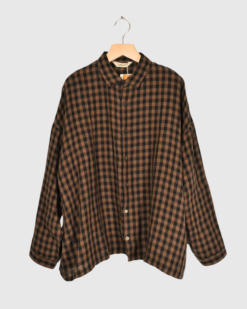 LINEN GINGHAM CHECK SHIRT Brown