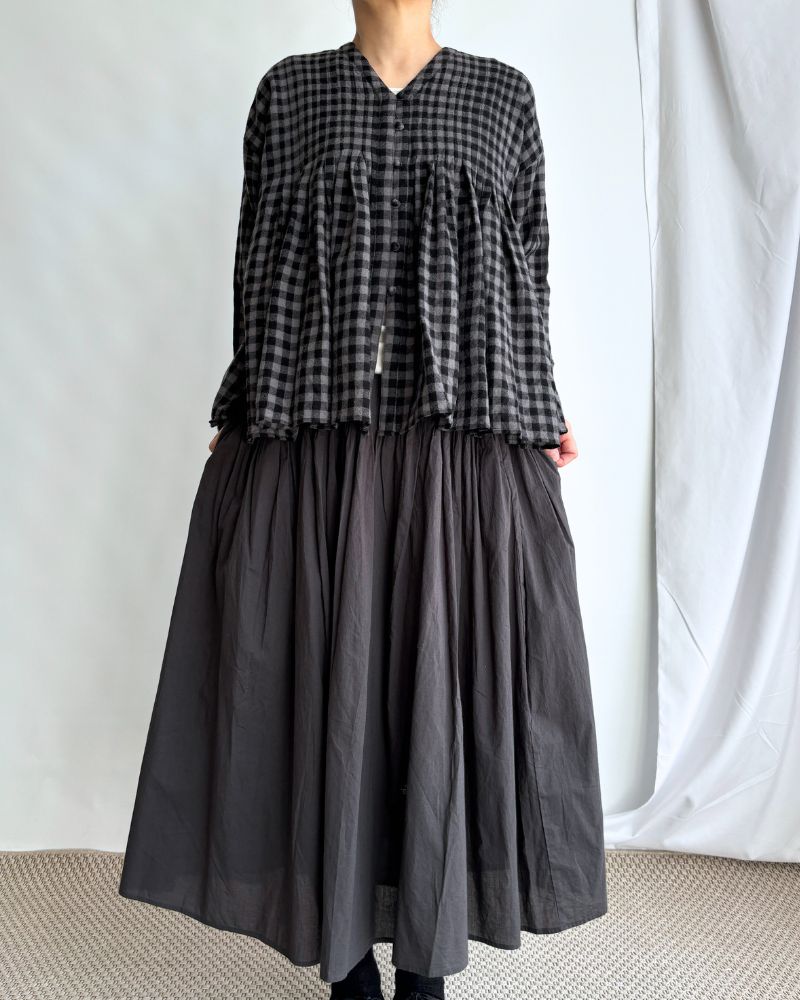 BOILED WOOL GINGHAM CHECK V-NECK FRONT OPENING SHIRT WITH INVERTED PLEATS Grey/Black