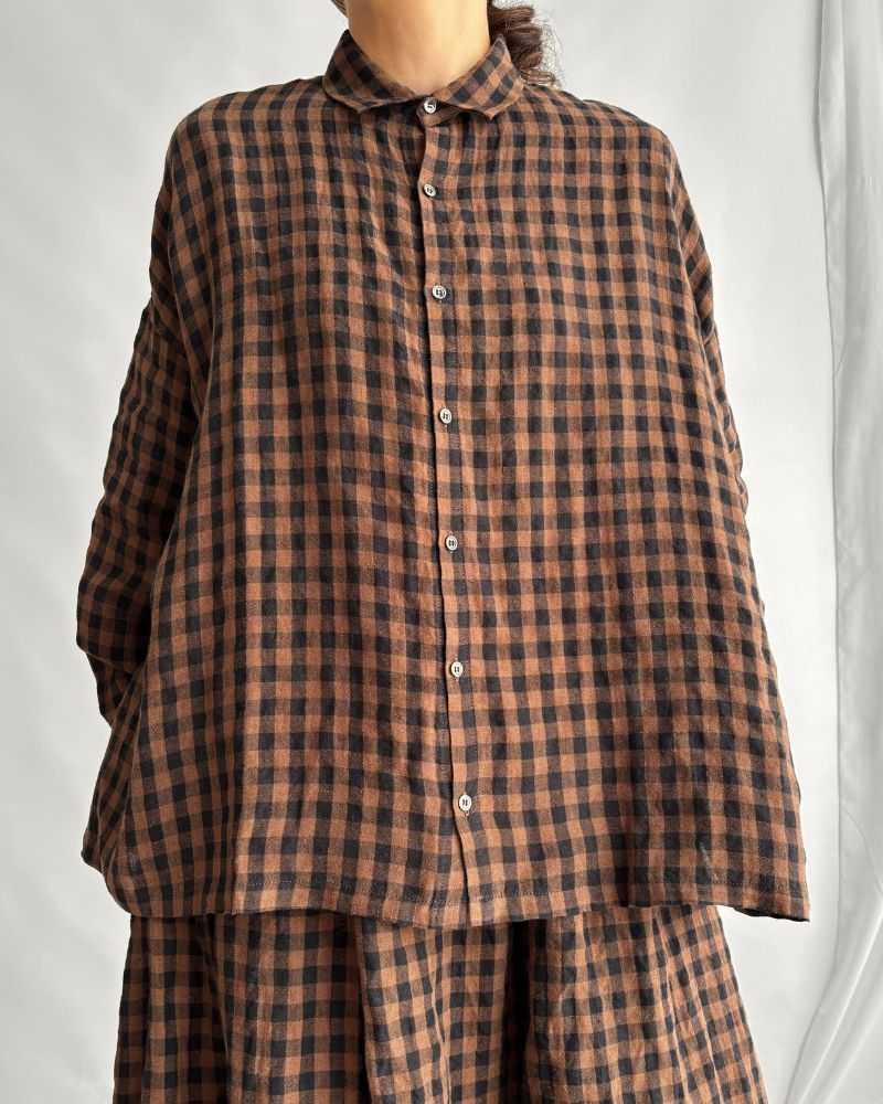 LINEN GINGHAM CHECK SHIRT Brown