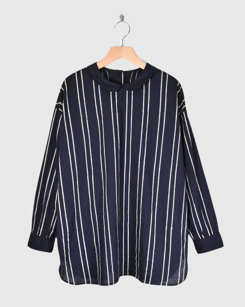 60s COTTON STRIPE BLOCK PRINT BACK OPENING ROUND COLLAR SHIRT Navy