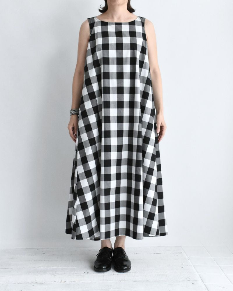 ブロックチェック ノースリーブフレアードレス White/Black