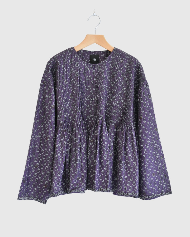 CREW-NECK BUTTON SHIRT WITH PINTUCK Purple