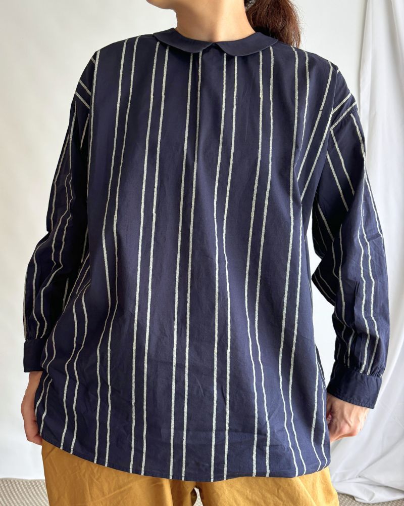 60s COTTON STRIPE BLOCK PRINT BACK OPENING ROUND COLLAR SHIRT Navy