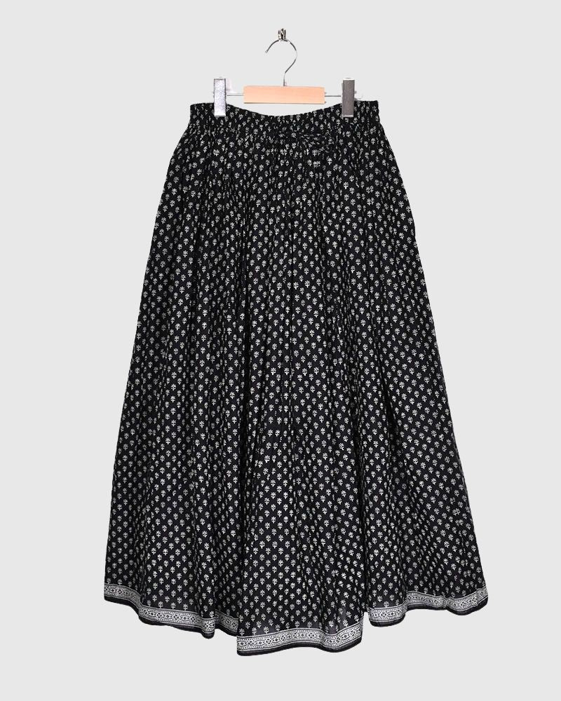 80'S COTTON VOILE SMALL FLOWER BLOCK PRINT RAJASTHAN TUCK GATHERED SKIRT WITH LINING Black