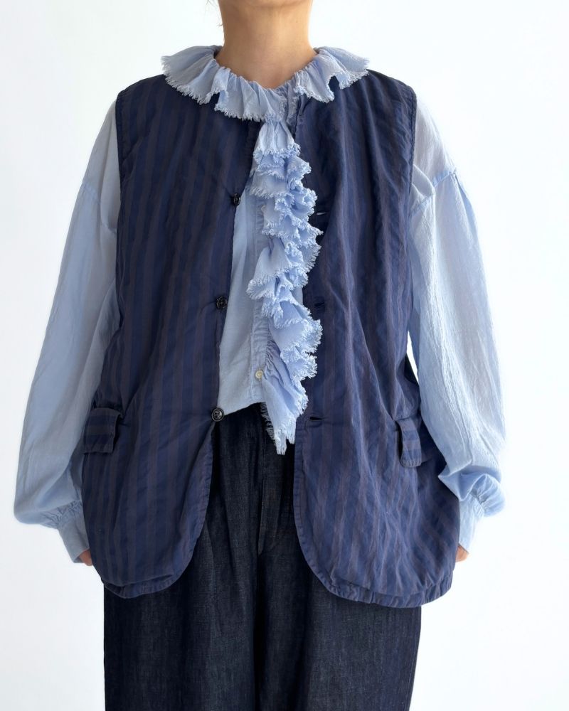 POPLIN WIDE STRIPE (OVERDYE) NO COLLAR VEST PurpleNavy