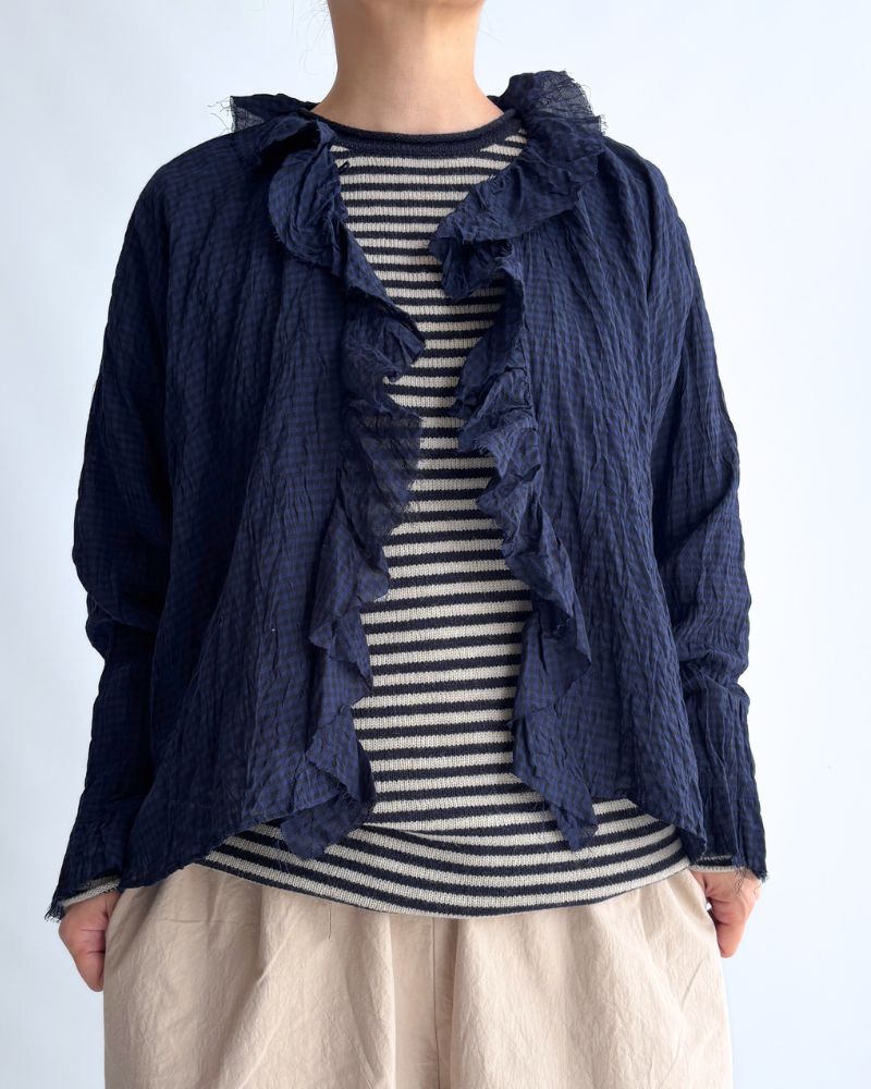 チェックフリルトリムブラウス NavyCheck