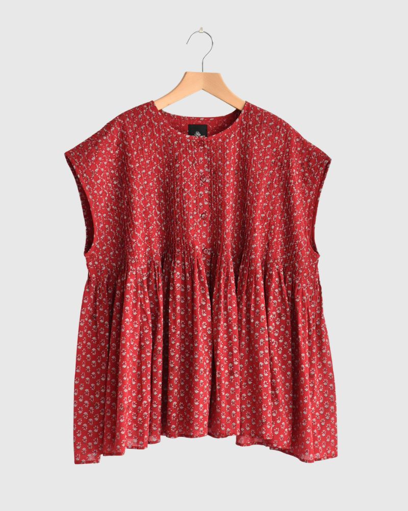 CREW-NECK BUTTON F/SLEEVE SHIRT WITH PINTUCK Red