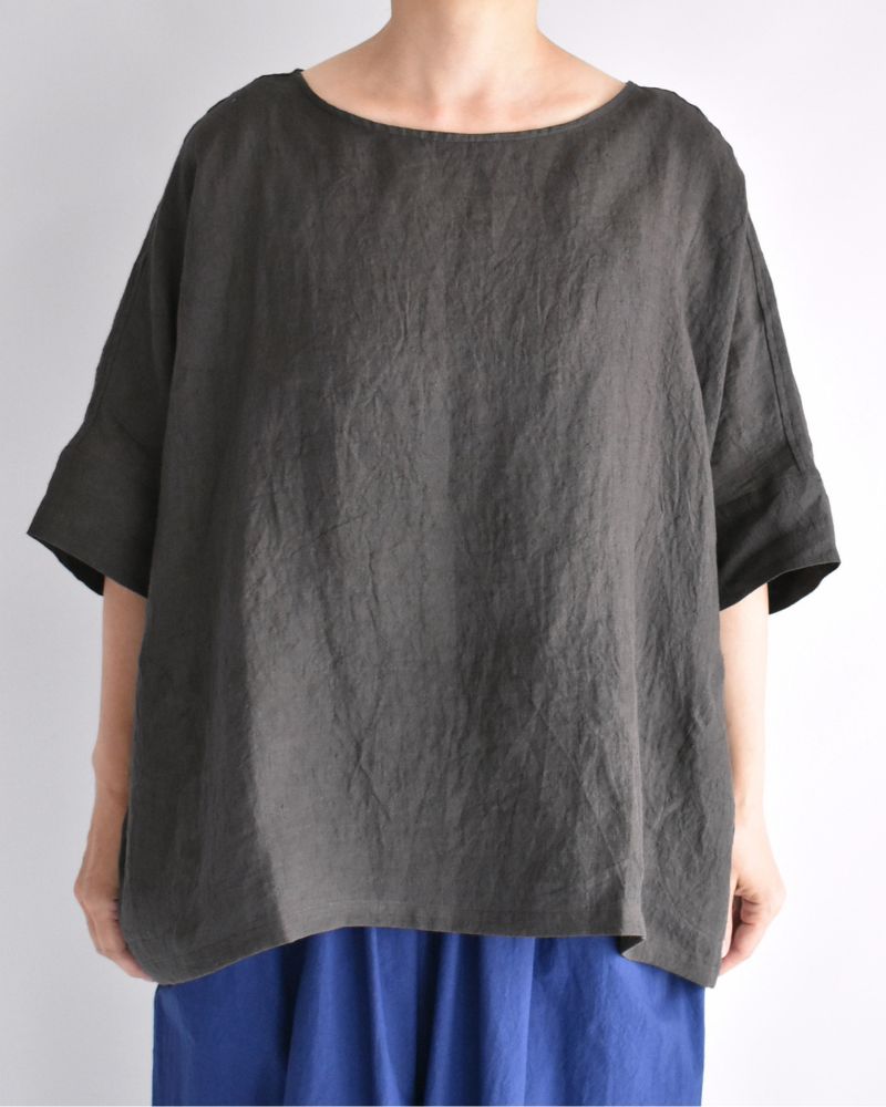 ボートネックワイドブラウス（LINEN） Brown