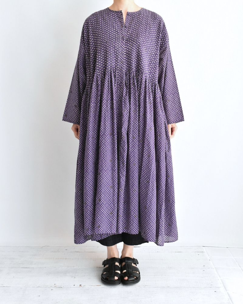 CREW NECK BUTTON SHIRTS DRESS WITH MINI PINTUCK Purple