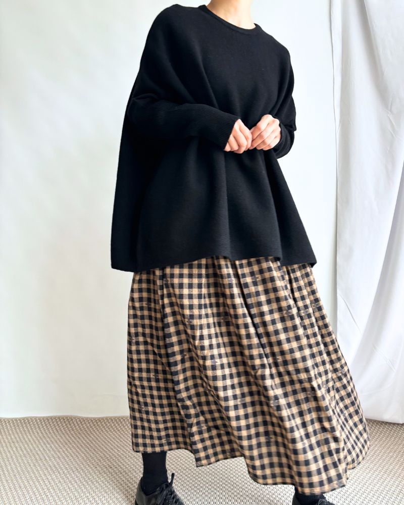 WOOL GINGHAM CHECK WITH JACQUARD RAJASTHAN TUCK GATHERED SKIRT WITH LINING Camel