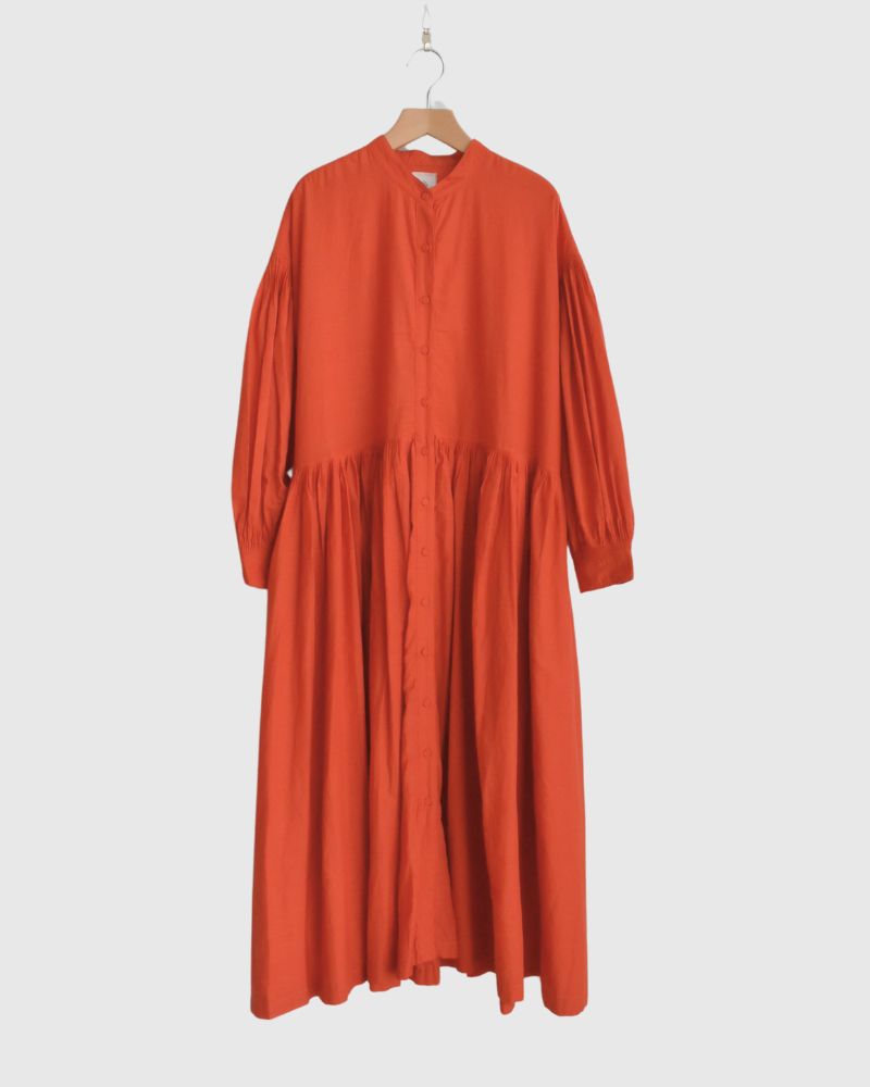 100s KHADI (100s×150s) BANDED COLLAR SHIRT DRESS WITH RAJASTHAN TUCK GATHERE Orange