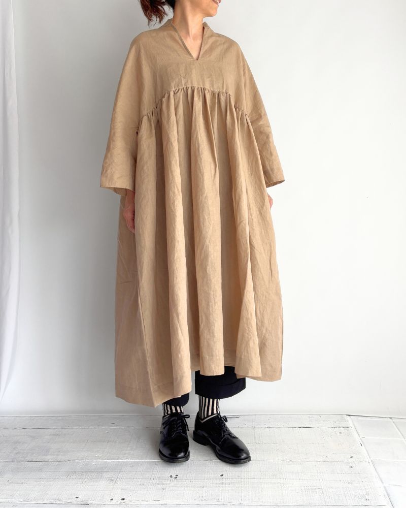 リネンコットン ギャザーワンピース Beige