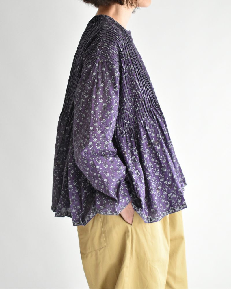 CREW-NECK BUTTON SHIRT WITH PINTUCK Purple