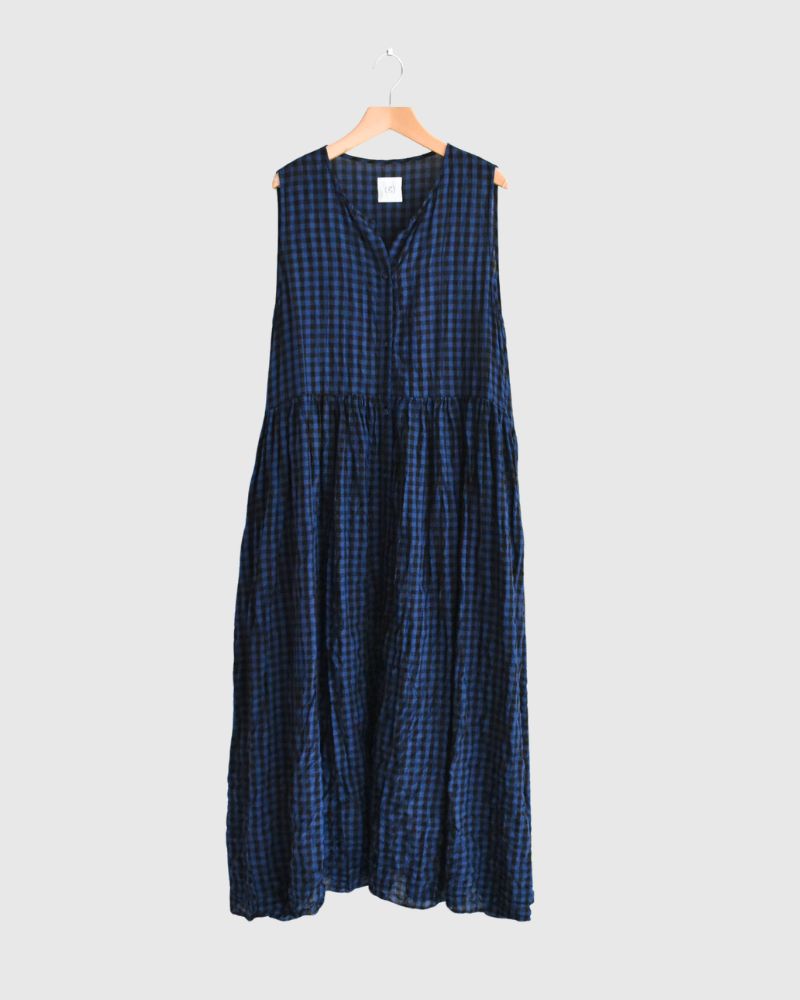 ブロックチェック スリーブレスギャザーワンピース Navy