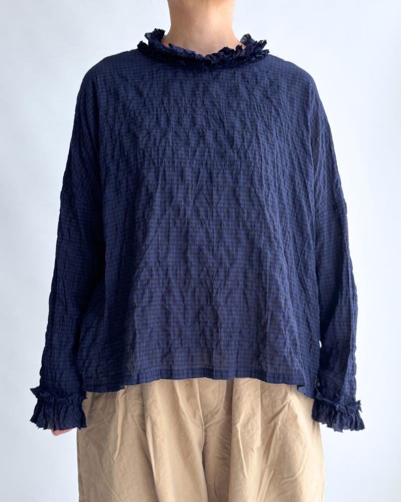 チェックネックフリル ボックスプルオーバー NavyCheck