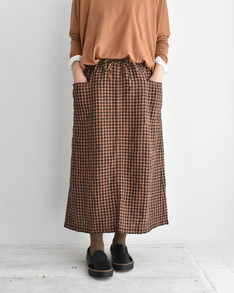 LINEN CHECK OVERDYE EASY SKIRT Cinnamon