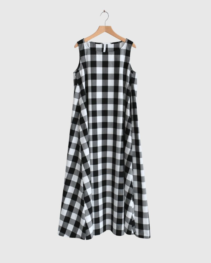 ブロックチェック ノースリーブフレアードレス White/Black