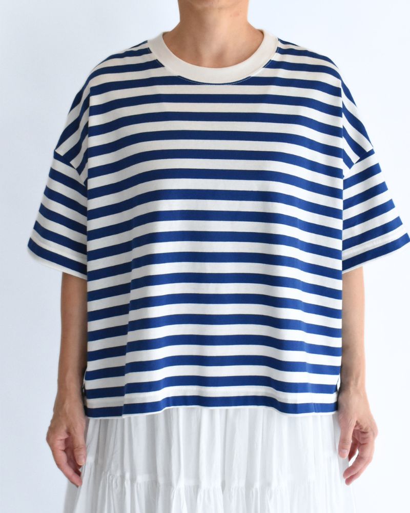 クルーネック スリットTシャツ Blue/White