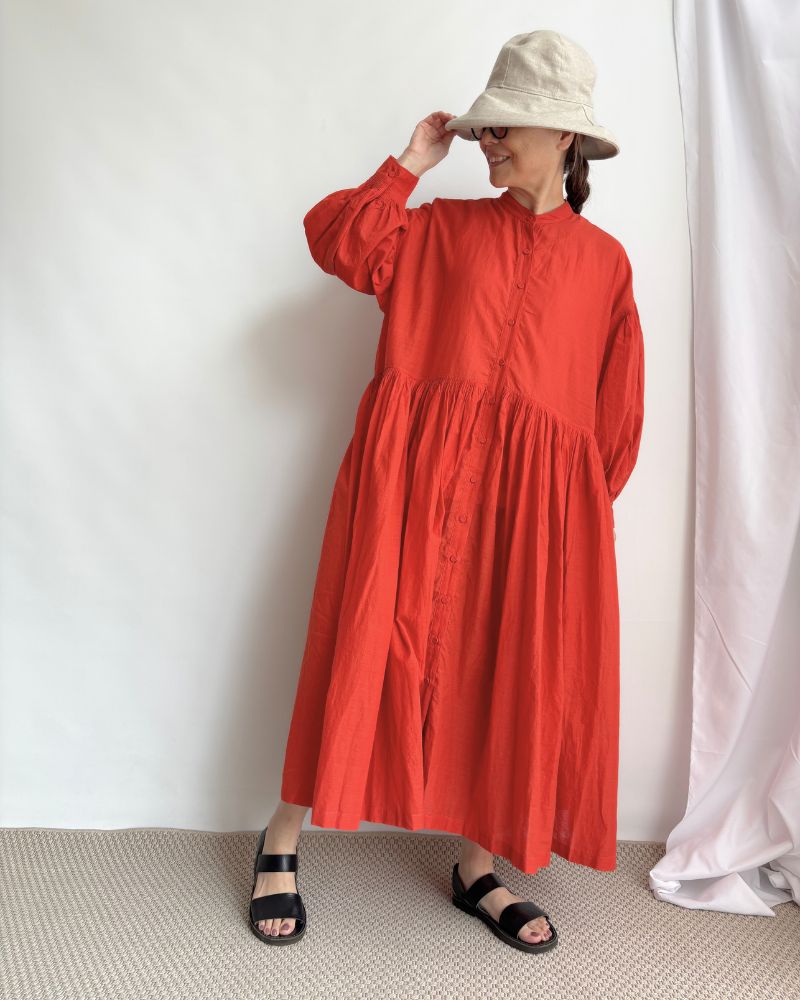 100s KHADI (100s×150s) BANDED COLLAR SHIRT DRESS WITH RAJASTHAN TUCK GATHERE Orange