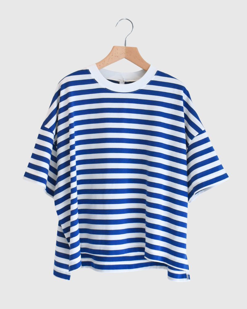 クルーネック スリットTシャツ Blue/White