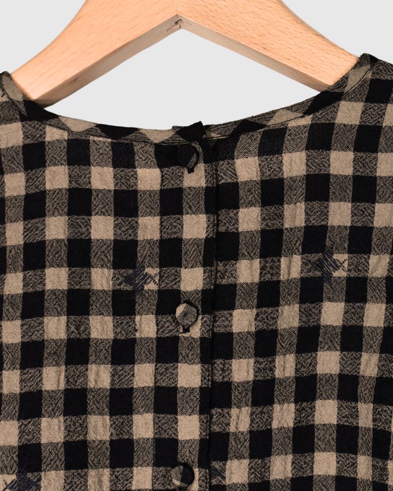 WOOL GINGHAM CHECK WITH JACQUARD BACK OPENING CREW NECK SHIRT Camel