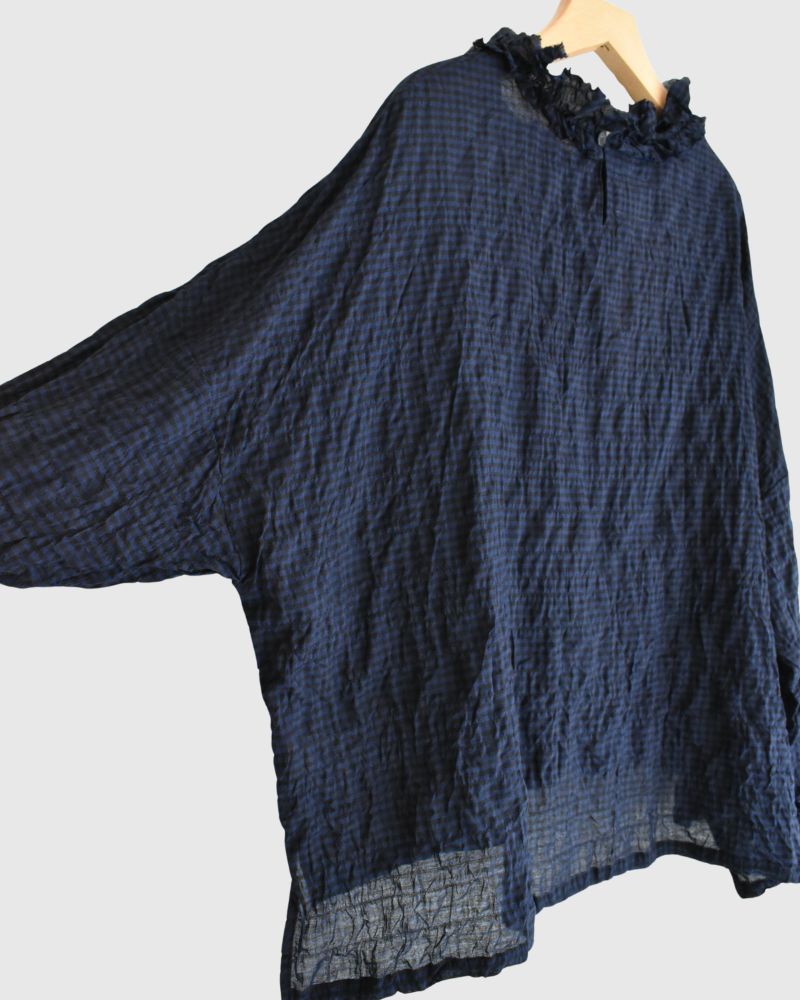 チェックネックフリル ボックスプルオーバー NavyCheck