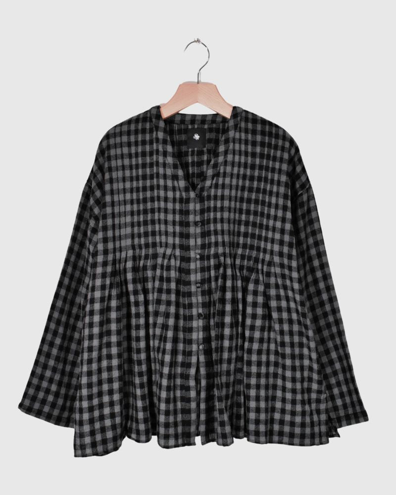 BOILED WOOL GINGHAM CHECK V-NECK FRONT OPENING SHIRT WITH INVERTED PLEATS Grey/Black