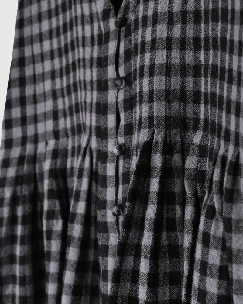 BOILED WOOL GINGHAM CHECK V-NECK FRONT OPENING SHIRT WITH INVERTED PLEATS Grey/Black