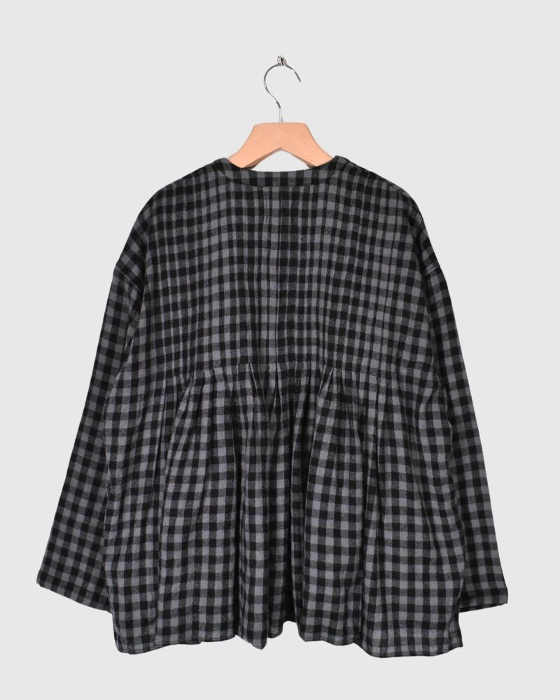 BOILED WOOL GINGHAM CHECK V-NECK FRONT OPENING SHIRT WITH INVERTED PLEATS Grey/Black