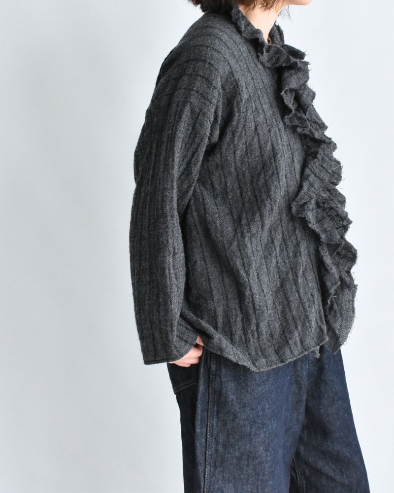 ウールストライプ フリルトリムブラウス Gray