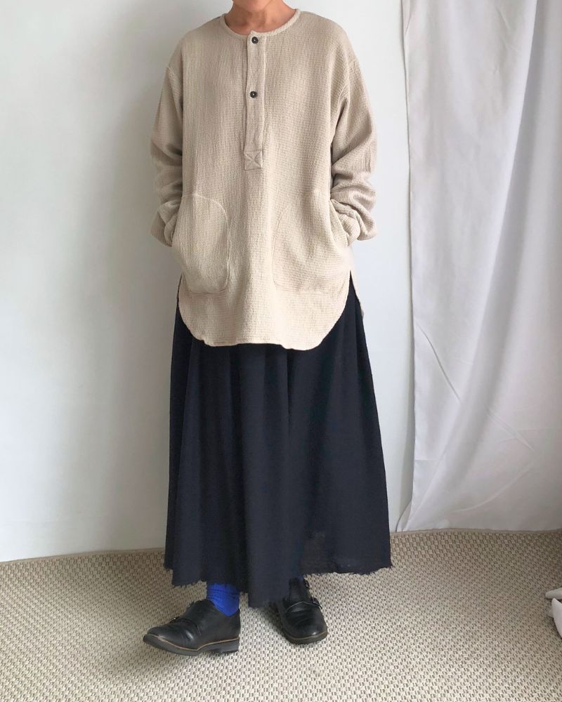 WAFFLE PLAIN OVERDYE HENLY NECK SHIRT MilkyGray