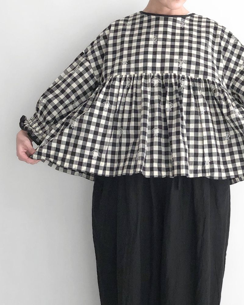【予約】S/S G1171 ORIGINAL EMBROIDERY LACE GINGHAM GATHER BLOUSE（3月中旬 – 3月末）