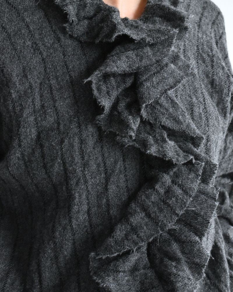 ウールストライプ フリルトリムブラウス Gray